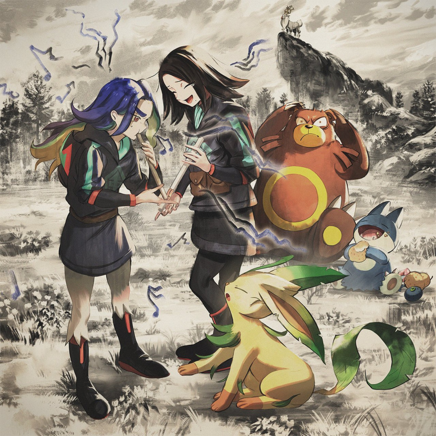 1boy 1girl :d adaman_(pokemon) berry_(pokemon) black_footwear blue_hair boots brown_eyes commentary_request eating highres holding holding_instrument instrument jacket leafeon long_hair long_sleeves mai_(pokemon) munchlax music musical_note official_art open_mouth oran_berry outdoors pants pantyhose playing_instrument pokemon pokemon:_hisuian_snow pokemon_(creature) sitrus_berry skirt smile standing sweatdrop tongue torn_clothes torn_pants ursaring younger