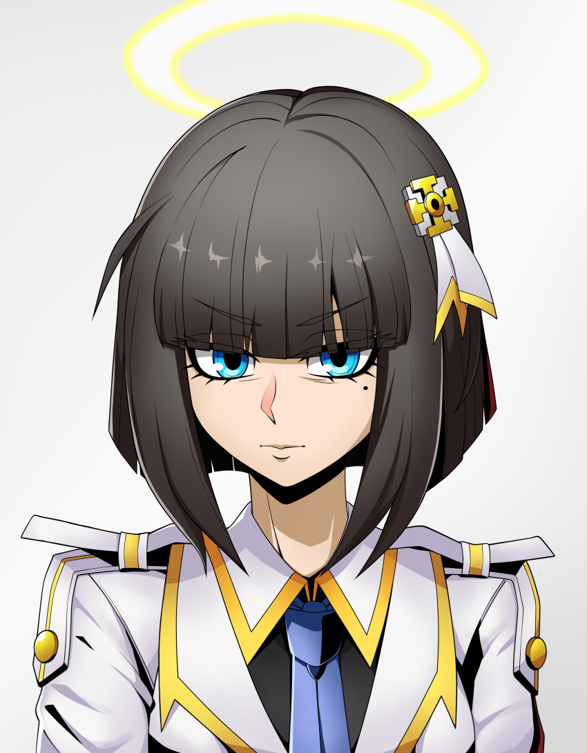 1girl absurdres bangs black_hair blue_eyes blue_necktie blunt_bangs bob_cut commentary english_commentary eremiya_(loleremiya) hair_ornament halo helltaker highres looking_at_viewer lucifer_(helltaker) mole mole_under_eye necktie portrait short_hair simple_background solo white_background