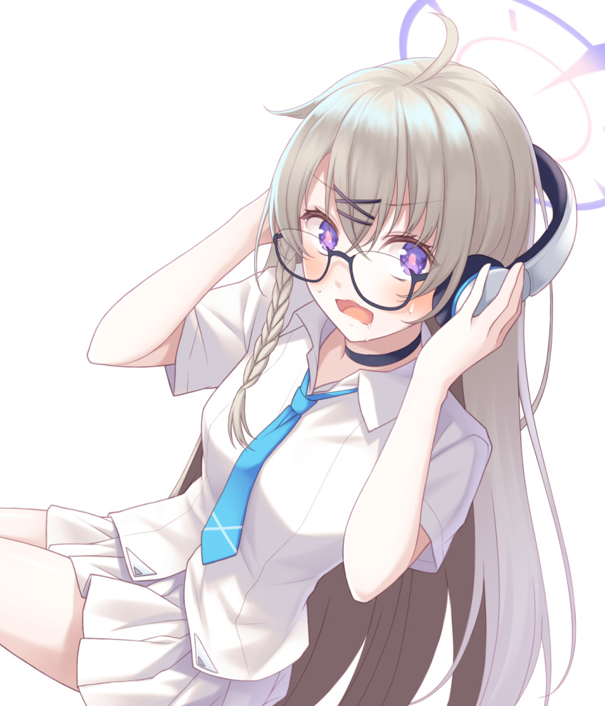 1girl blue_archive blue_necktie braid glasses hair_ornament halo headphones highres invisible_chair kotama_(blue_archive) midorino_eni necktie pleated_skirt school_uniform shirt simple_background sitting skirt solo sweat white_background white_shirt white_skirt x_hair_ornament