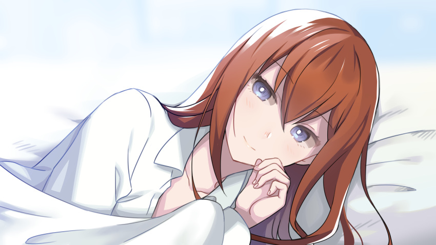 1girl absurdres bangs bed_sheet blanket blue_eyes bright_pupils closed_mouth collarbone collared_shirt commentary_request dutch_angle hair_between_eyes highres light_blush long_hair looking_at_viewer lying makise_kurisu namari on_bed on_side open_clothes open_shirt partial_commentary redhead shirt smile solo steins;gate straight_hair upper_body white_pupils white_shirt