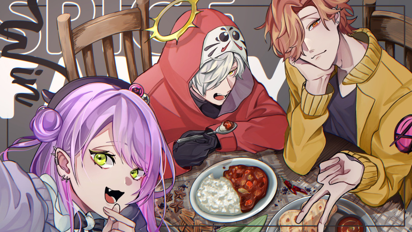 1girl 2boys arisakaaa_(crazy_raccoon) black_bow black_bowtie black_gloves black_headwear black_shirt bow bowtie brown_hair cardigan chair chili_pepper chomchom_(chomx2) commentary_request crazy_raccoon curry curry_rice daruma_is_god ear_piercing earrings eating fake_horns fang food gloves green_eyes grey_background grey_cardigan grey_hair hair_bun hair_over_one_eye halo head_rest highres holding holding_spoon hololive hood hoodie horned_headwear horns jacket jewelry looking_at_viewer multiple_boys multiple_earrings multiple_piercings open_clothes open_jacket open_mouth orange_eyes piercing plate purple_hair red_hoodie rice selfie shirt short_hair smile spoon table tokoyami_towa v virtual_youtuber white_hair white_shirt yellow_eyes yellow_jacket
