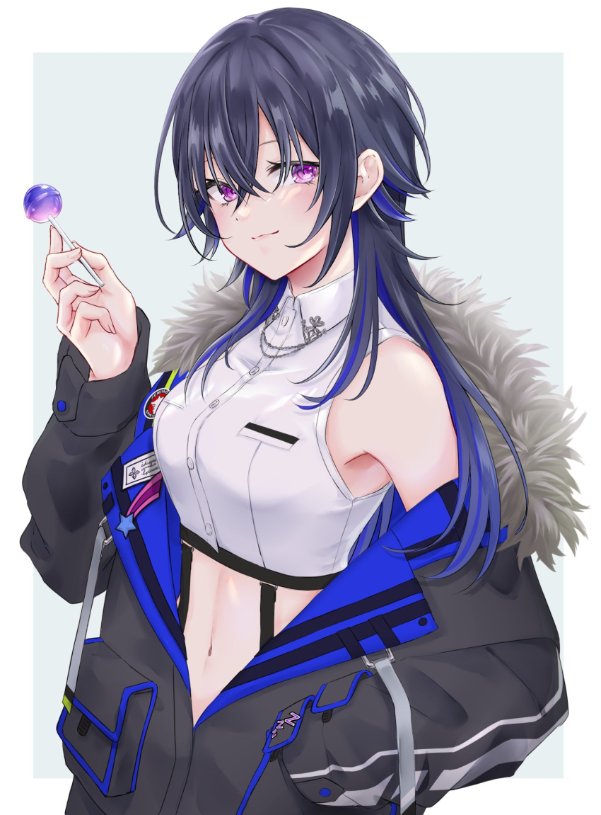 1girl aoyashio_rin bangs black_hair black_jacket blue_hair candy collared_shirt commentary_request crossed_bangs dress_shirt food from_side fur-trimmed_jacket fur_trim garter_straps hair_between_eyes hand_in_pocket hand_up highres holding holding_candy holding_food holding_lollipop ichinose_uruha jacket lollipop long_hair long_sleeves looking_at_viewer lupinus_virtual_games midriff multicolored_hair navel off_shoulder shirt simple_background sleeveless sleeveless_shirt smile solo upper_body violet_eyes virtual_youtuber vspo! white_shirt