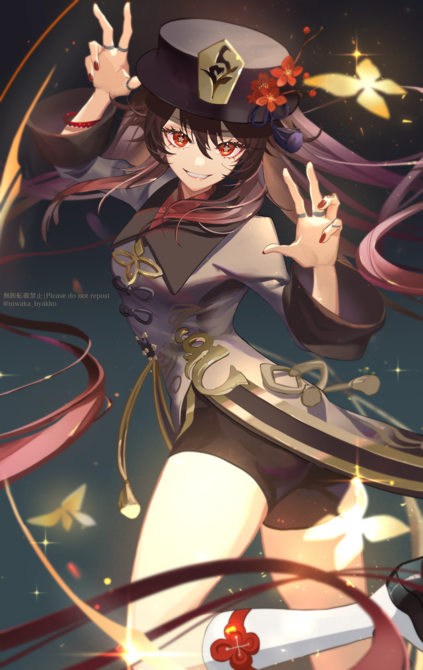 1girl absurdres black_shorts brown_hair bug butterfly chinese_clothes coat coattails flower flower-shaped_pupils genshin_impact hair_between_eyes hat highres hu_tao_(genshin_impact) jewelry long_hair looking_at_viewer niwabyakko porkpie_hat red_eyes red_nails ring shorts simple_background symbol-shaped_pupils teeth thighs twitter_username