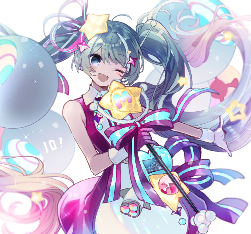 1girl :d absurdly_long_hair bare_shoulders blue_eyes blue_hair blush bow cyawa dress gloves gradient_hair hatsune_miku head_tilt holding holding_wand long_hair looking_at_viewer multicolored_hair one_eye_closed purple_dress purple_gloves smile solo standing star_wand twintails very_long_hair vocaloid wand