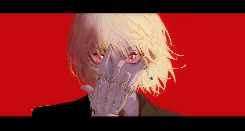 1boy bangs blonde_hair chain earrings floating_hair formal hand_over_face hand_up highres hong_3740 hunter_x_hunter jewelry kurapika letterboxed long_sleeves male_focus multiple_rings necktie portrait red_background red_eyes ring short_hair simple_background solo straight-on suit