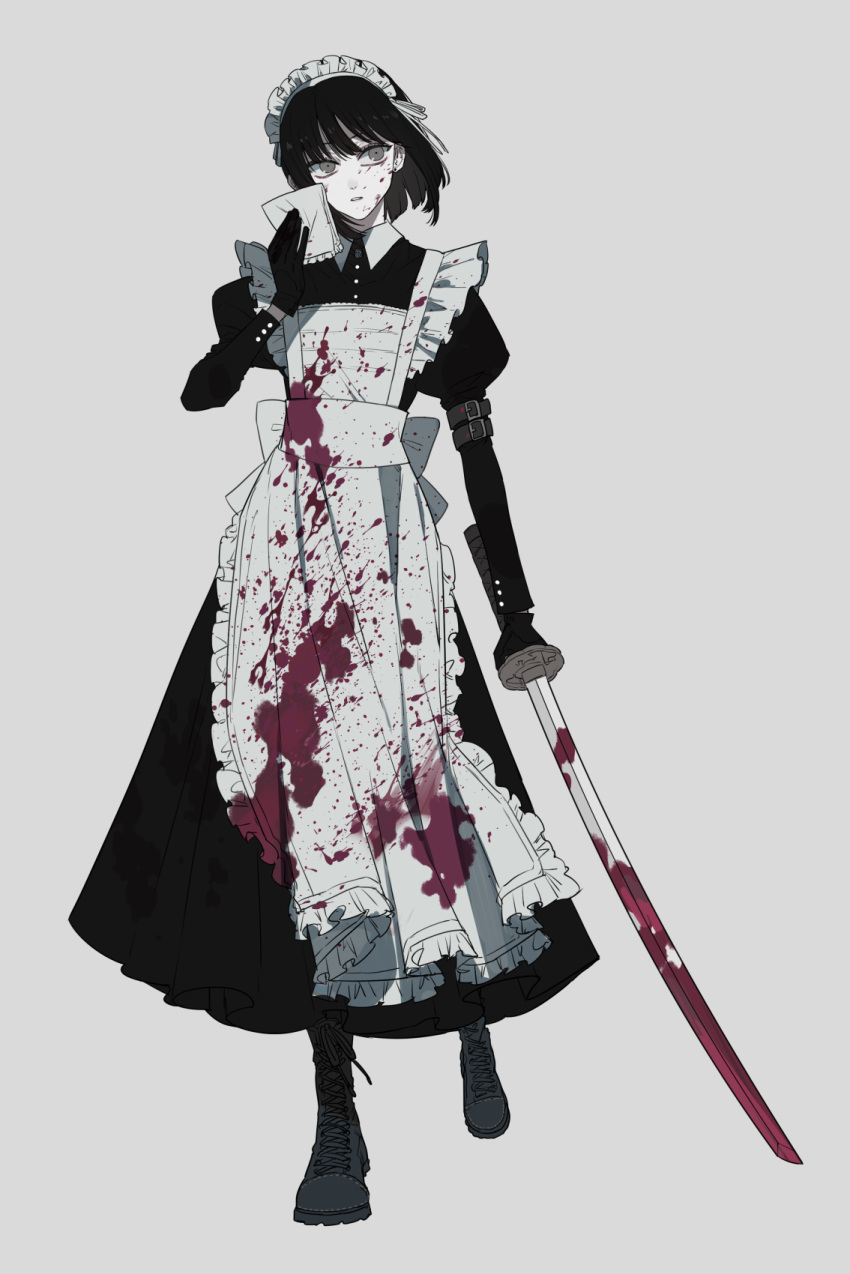 1girl apron arm_belt black_dress black_footwear black_gloves black_hair blood blood_on_face blood_on_weapon bob_cut boots cross-laced_footwear dress ebanoniwa full_body gloves grey_background grey_eyes hand_up head_tilt highres holding holding_sword holding_weapon juliet_sleeves katana kerchief long_dress long_sleeves maid maid_headdress original parted_lips puffy_sleeves simple_background solo standing sword walking weapon white_apron wiping_face