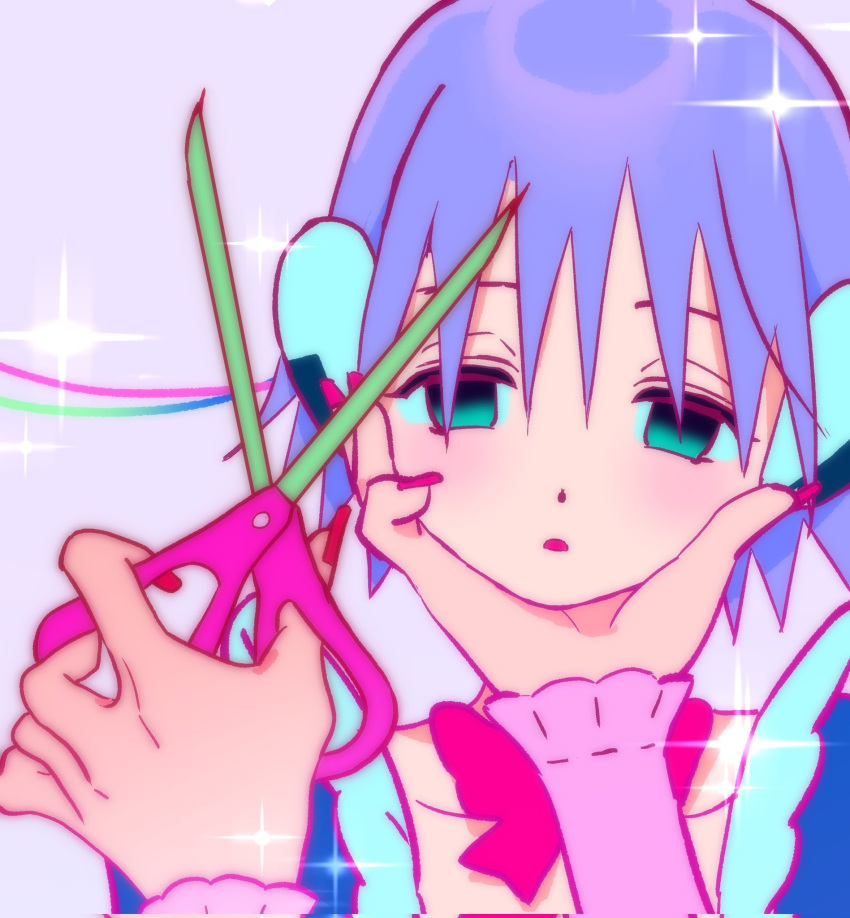 2girls aqua_eyes empty_eyes expressionless hand_on_another's_face highres holding holding_scissors humanoid_robot inhye minako_(vivinos) multiple_girls pink_bitch_club pov pov_hands purple_hair robot_ears scissors sparkle vyt-24 wire