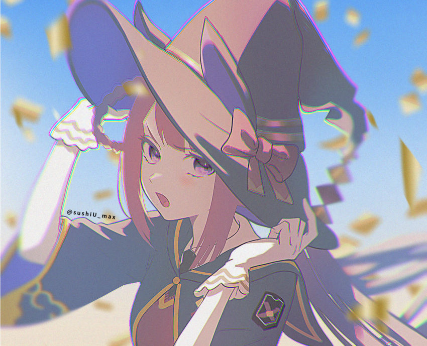 1girl :o animal_ears black_robe blurry bow brown_hair chromatic_aberration commentary_request confetti depth_of_field film_grain gloves hair_rings hands_on_headwear hat hat_bow highres horse_ears horse_girl kadokura_(sushiu_max) long_hair looking_at_viewer open_mouth robe short_sleeves solo sweep_tosho_(umamusume) umamusume upper_body v-shaped_eyebrows violet_eyes white_gloves wide_sleeves witch_hat