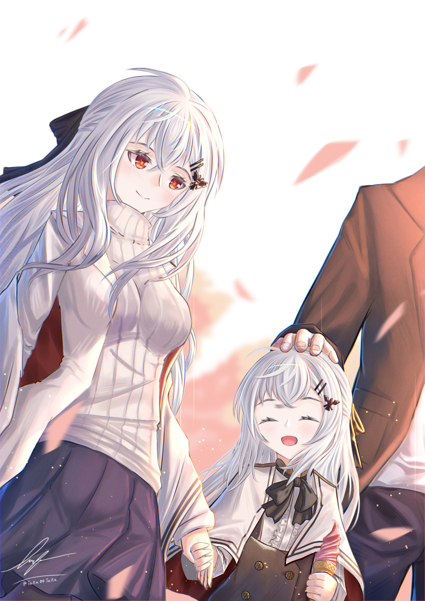 1boy 2girls closed_eyes girls_frontline hair_ornament hairclip headpat highres holding_hands ice_cream_cone iws_2000_(girls'_frontline) long_hair mother_and_daughter multiple_girls open_mouth outdoors red_eyes signature smile unitaka very_long_hair white_hair
