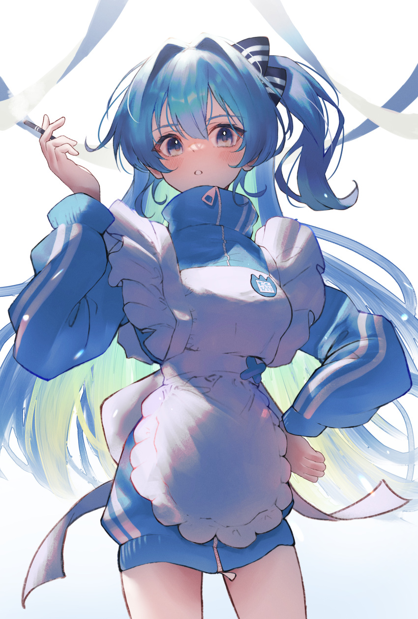 1girl absurdres apron blue_eyes blue_hair blush dress highres hololive hoshimachi_suisei long_hair looking_at_viewer looking_down open_mouth parted_lips ribbon senriyama side_ponytail solo very_long_hair virtual_youtuber white_background