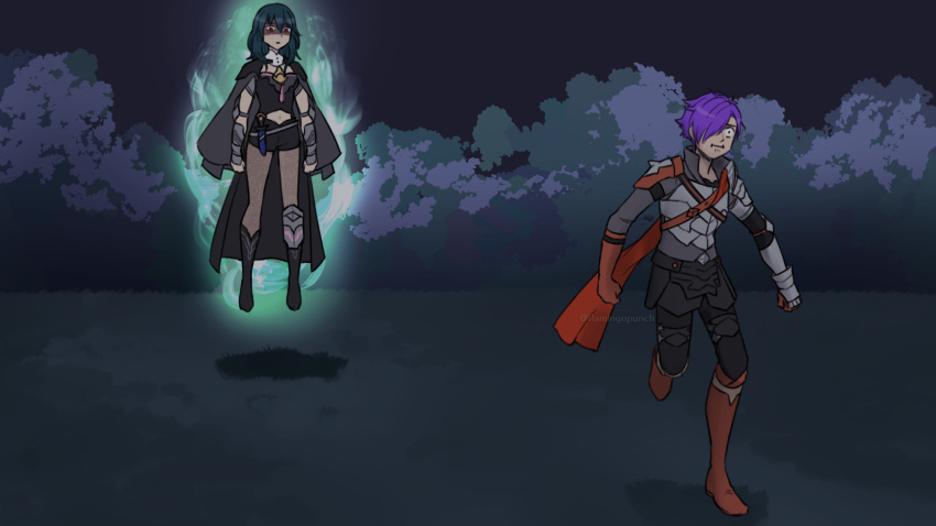 1boy 1girl armor bangs black_coat black_shorts blue_eyes blue_hair breasts bustier byleth_(fire_emblem) byleth_eisner_(female) cape closed_mouth coat fire_emblem fire_emblem:_three_houses fire_emblem_warriors:_three_hopes flamingo_(eme324) floating gloves hair_between_eyes hair_ornament hair_over_one_eye highres large_breasts long_hair long_sleeves medium_hair meme navel pantyhose purple_hair red_eyes shez_(fire_emblem) shez_(fire_emblem)_(male) short_hair shorts violet_eyes