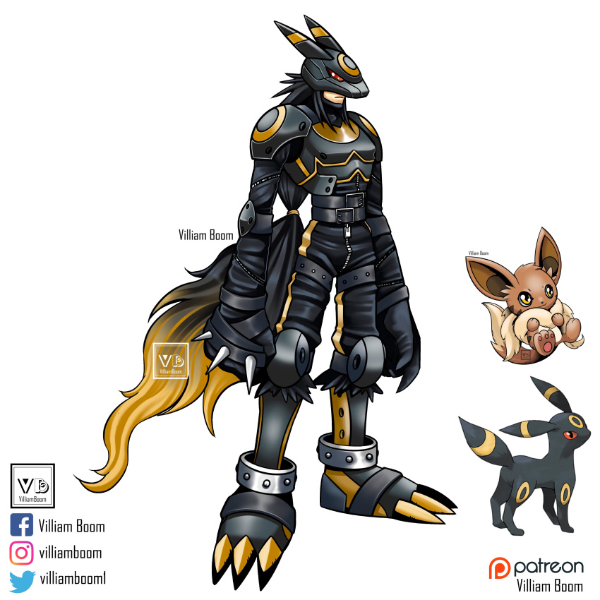 1boy :3 absurdres armor arms_at_sides artist_name belt black_hair claws digimon eevee english_commentary full_body helmet highres parody pokemon red_eyes reference_inset solo standing style_parody tail umbreon villiamboom1 white_background yellow_eyes zipper
