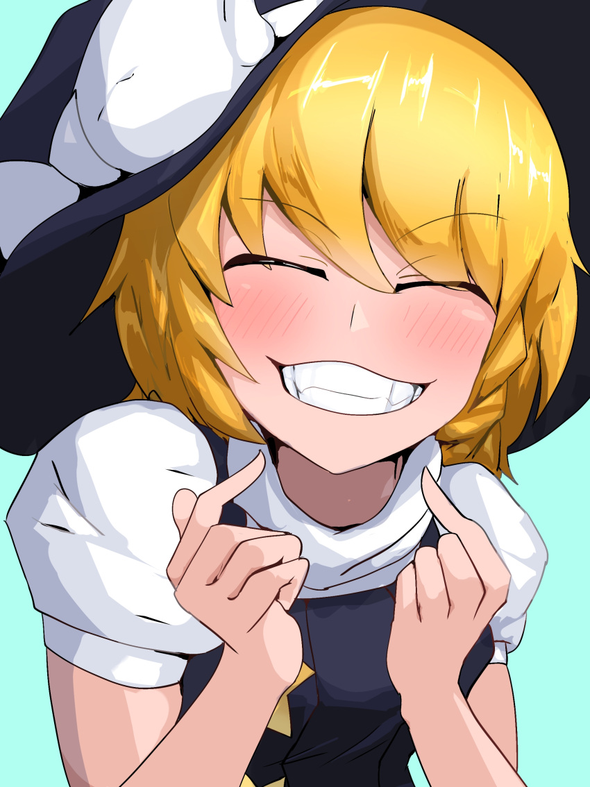 1girl absurdres bangs black_headwear black_vest blonde_hair blue_background blush bow closed_eyes commentary_request cookie_(touhou) eyes_visible_through_hair grin hat hat_bow highres kirisame_marisa long_hair osuwari puffy_short_sleeves puffy_sleeves shirt short_sleeves simple_background smile solo star_(symbol) suzu_(cookie) teeth touhou turtleneck upper_body vest white_bow white_shirt witch_hat