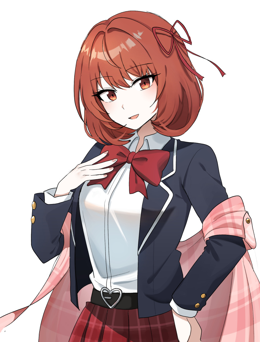 1girl belt black_jacket black_survival blazer bow bowtie collared_shirt eternal_return:_black_survival hair_ribbon hand_up heart highres jacket lix long_sleeves looking_at_viewer off_shoulder open_clothes open_jacket open_mouth plaid plaid_skirt pleated_skirt red_eyes red_skirt redhead ribbon school_uniform shirt short_hair simple_background skirt smile solo tran_quynh_mai upper_body white_background white_shirt