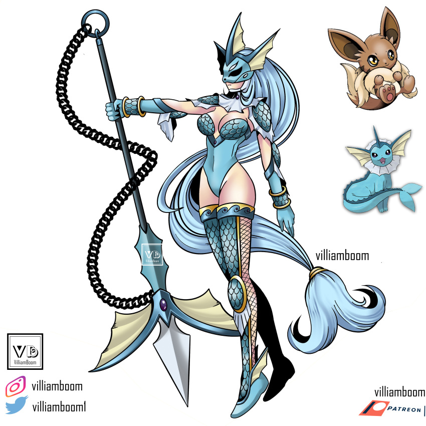 1girl :3 absurdly_long_hair absurdres artist_name blue_hair chain digimon eevee english_commentary full_body highres holding holding_polearm holding_weapon leotard long_hair mask parody pokemon polearm reference_inset solo spear style_parody tail thigh-highs very_long_hair villiamboom1 weapon white_background yellow_eyes