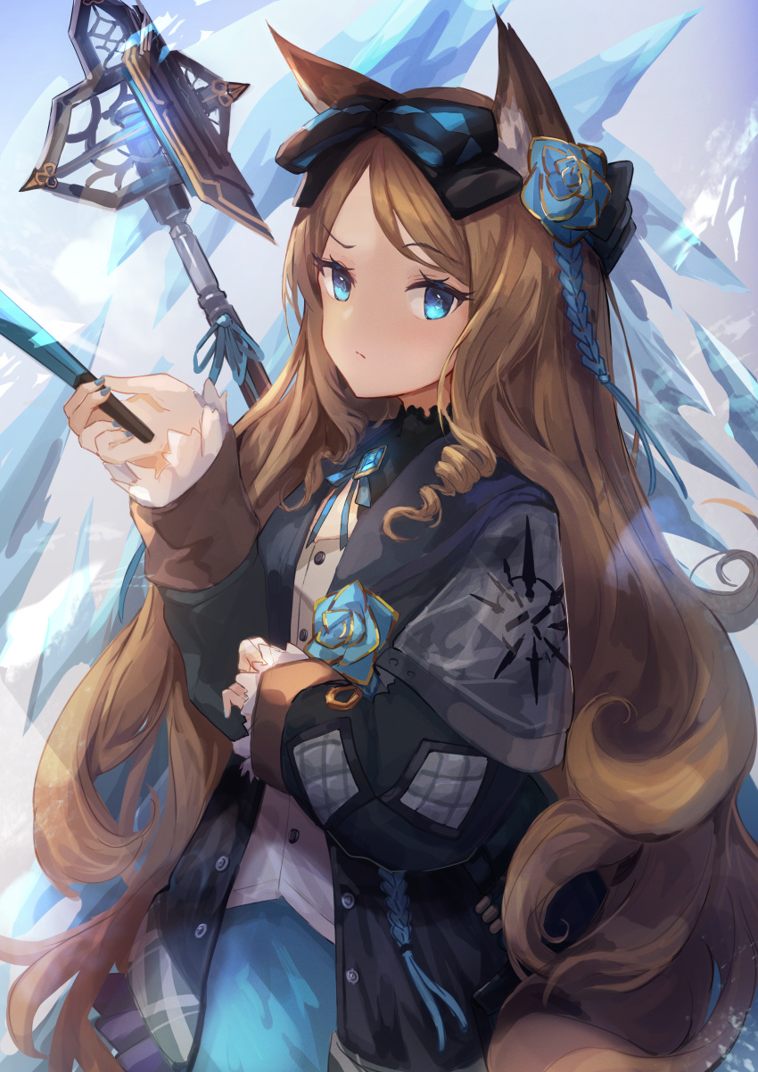 1girl absurdres animal_ear_fluff animal_ears arknights artificial_flower bangs black_bow black_coat blonde_hair blue_eyes blue_nails blue_skirt blush bow cat_ears closed_mouth coat cowboy_shot flower hair_bow hair_flower hair_ornament highres iris_(arknights) long_hair long_sleeves looking_at_viewer nail_polish open_clothes open_coat ringlets shirt skirt solo swept_bangs trrcmb very_long_hair white_shirt