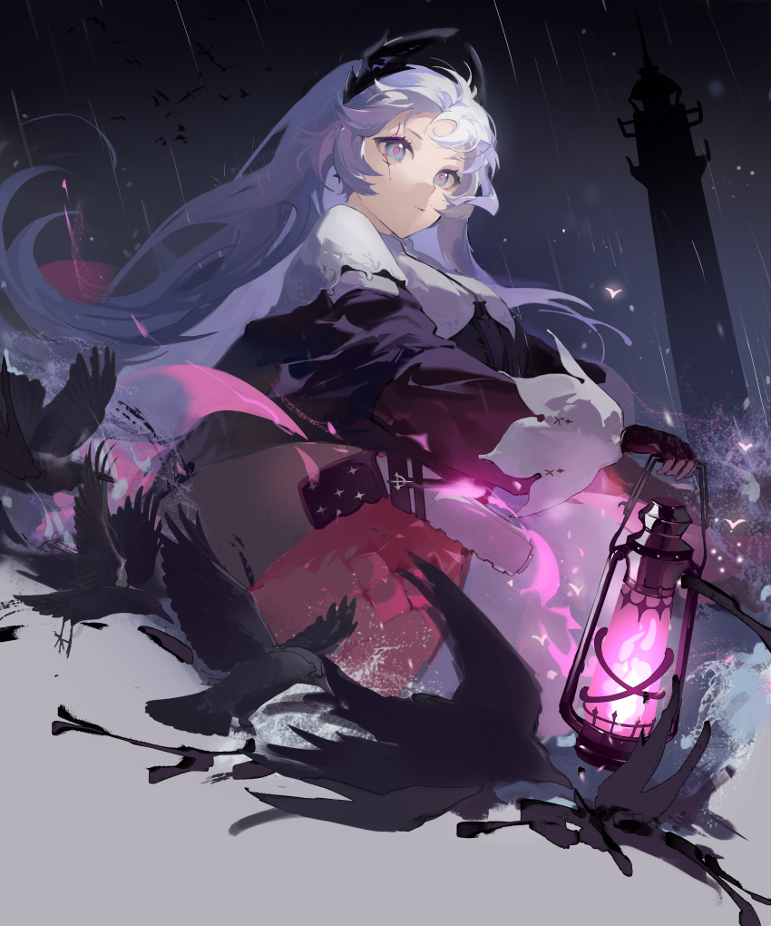 1girl absurdres arknights bird black_gloves black_jacket blue_eyes capelet closed_mouth cropped_torso earrings gloves grey_hair gun head_wings highres holding holding_lantern irene_(arknights) jacket jewelry lantern lighthouse long_hair long_sleeves looking_at_viewer outdoors puffy_long_sleeves puffy_sleeves rain red_skirt scar scar_across_eye scar_on_face skirt solo upper_body very_long_hair water weapon white_capelet yuanyi163