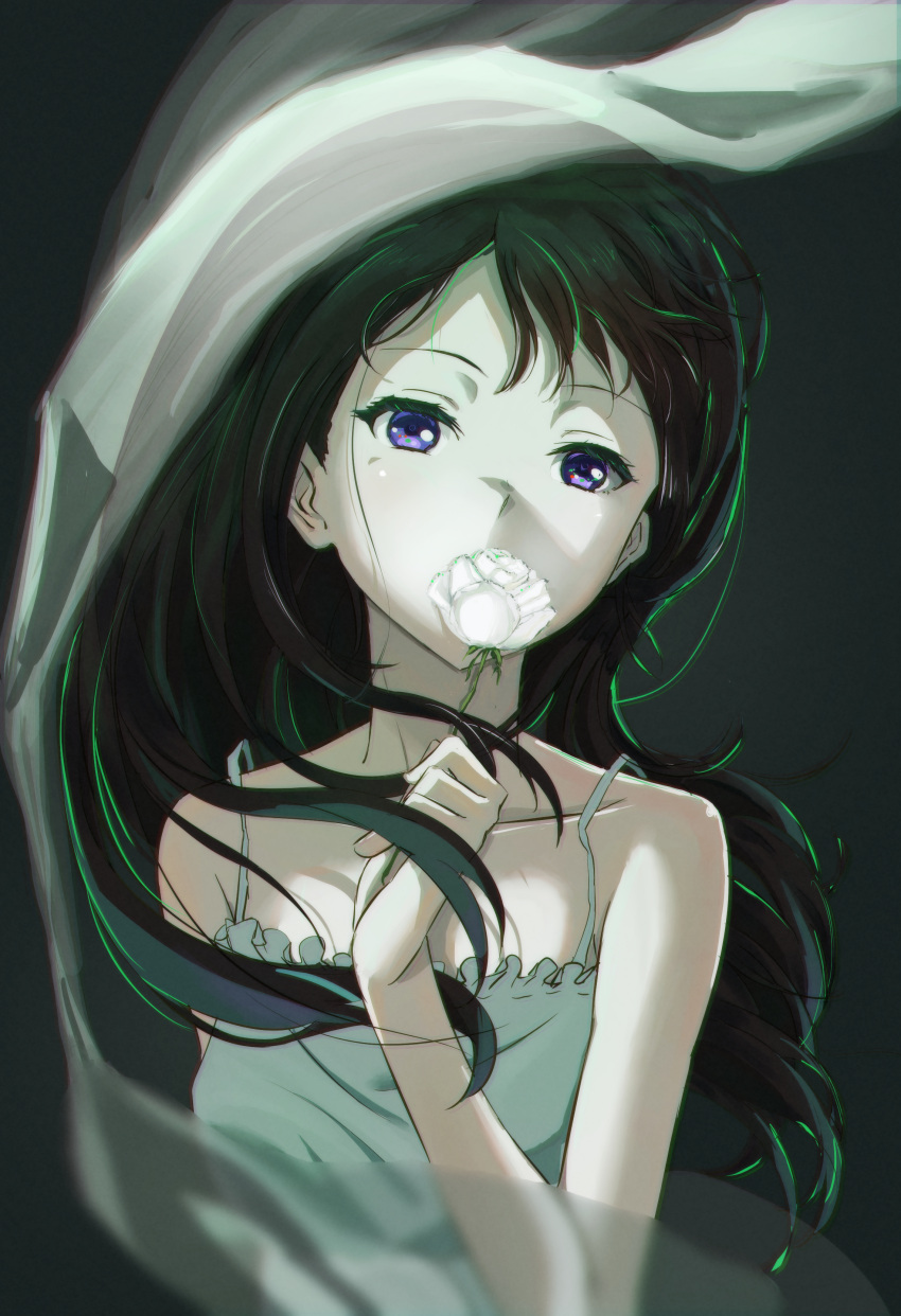 1girl absurdres bare_arms black_hair cho_ryuu collarbone dress floating_hair flower green_hair grey_dress hibike!_euphonium highres holding holding_flower kousaka_reina long_hair shiny shiny_hair sleeveless sleeveless_dress solo straight_hair strap_gap sundress upper_body very_long_hair violet_eyes white_flower