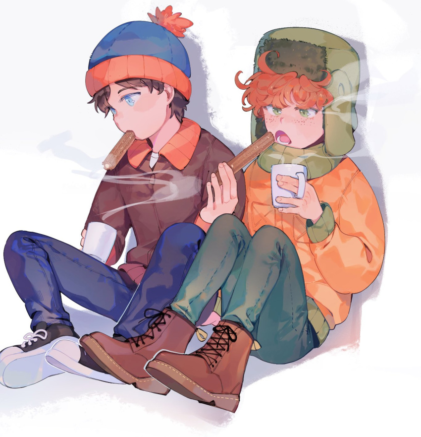 2boys beanie black_hair blue_eyes boots brown_footwear churro converse crispyfrites cup fingernails food_in_mouth green_eyes green_headwear hat highres jacket kyle_broflovski male_child male_focus multiple_boys open_mouth orange_jacket pants redhead shoelaces shoes sitting sneakers south_park stan_marsh two-tone_footwear white_background