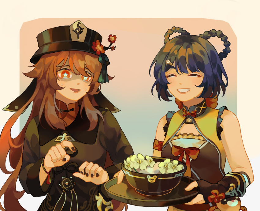 2girls black_nails blue_hair brown_hair chinese_clothes closed_eyes coat flower flower-shaped_pupils food genshin_impact hair_ornament hat hayashikana highres hu_tao_(genshin_impact) multiple_girls open_mouth plum_blossoms porkpie_hat red_eyes short_hair smile symbol-shaped_pupils white_background xiangling_(genshin_impact)