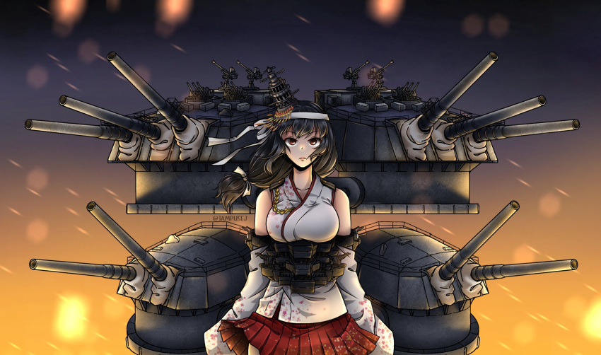 1girl aiguillette anti-aircraft anti-aircraft_gun black_hair breasts cannon detached_sleeves floral_print hair_ornament hakama hakama_short_skirt hakama_skirt headband highres japanese_clothes kantai_collection kazaharu_matsuhata large_breasts low_tied_hair medium_hair nontraditional_miko red_eyes red_hakama rigging skirt solo turret white_headband yamashiro_(kancolle) yamashiro_kai_ni_(kancolle)