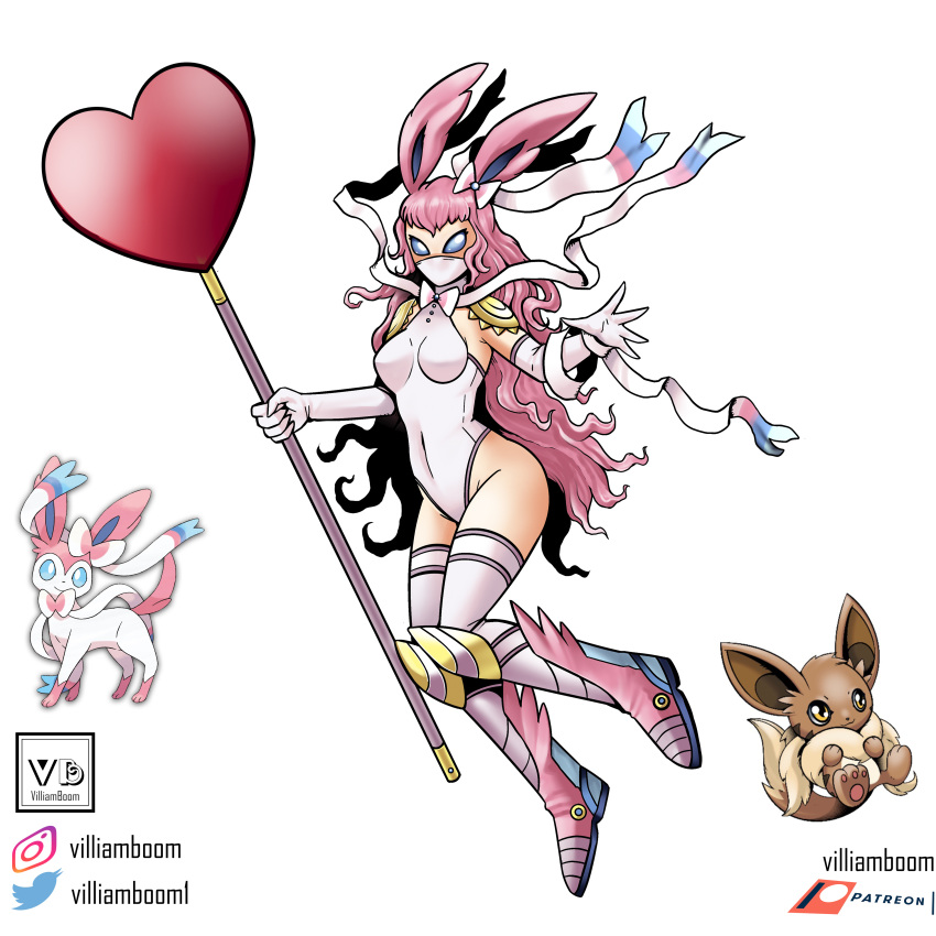 1girl :3 absurdres animal_ears armored_boots artist_name blue_eyes boots digimon eevee elbow_gloves english_commentary full_body gloves heart highres holding holding_staff leotard long_hair mask mouth_mask ninja_mask parody pink_hair pokemon reference_inset ribbon solid_eyes solo staff style_parody sylveon tail thigh-highs very_long_hair villiamboom1 white_background yellow_eyes