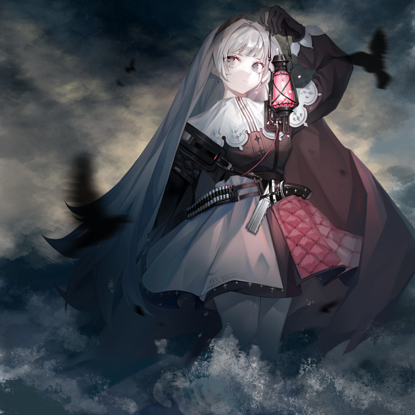 1girl absurdres ammunition_belt arknights arm_up belt bird black_gloves black_jacket breasts capelet closed_mouth clouds cloudy_sky earrings gloves grey_eyes grey_hair gun head_wings high-waist_skirt highres holding holding_lantern irene_(arknights) jacket jewelry lantern layered_skirt long_hair long_sleeves looking_at_viewer medium_breasts motion_blur northil outdoors pantyhose pink_skirt print_skirt scar scar_across_eye scar_on_face skirt sky solo very_long_hair wading water weapon white_capelet white_legwear white_skirt