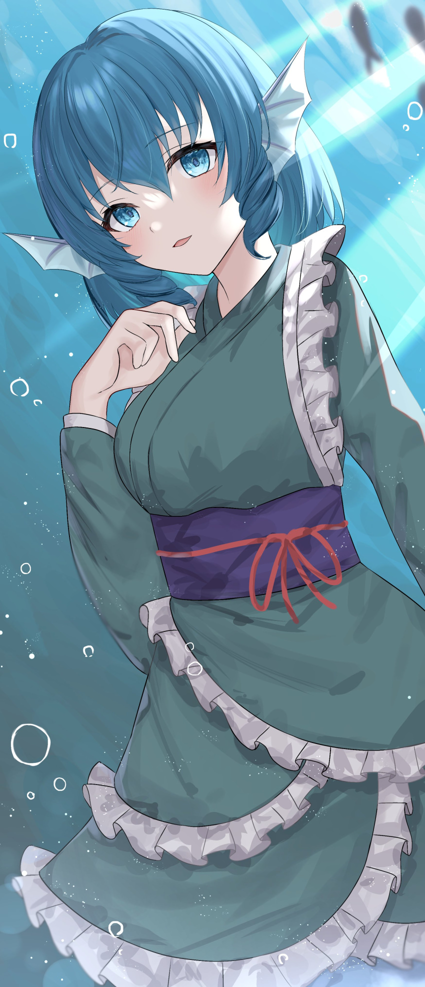 1girl absurdres anima_miko bangs belt blue_eyes blue_hair blush bow breasts commentary_request dress drill_hair eyes_visible_through_hair fish frills gradient green_dress green_kimono hair_between_eyes hand_up highres japanese_clothes kimono light long_sleeves looking_at_viewer medium_breasts mermaid monster_girl open_mouth purple_belt red_bow short_hair smile solo swimming touhou underwater wakasagihime wide_sleeves