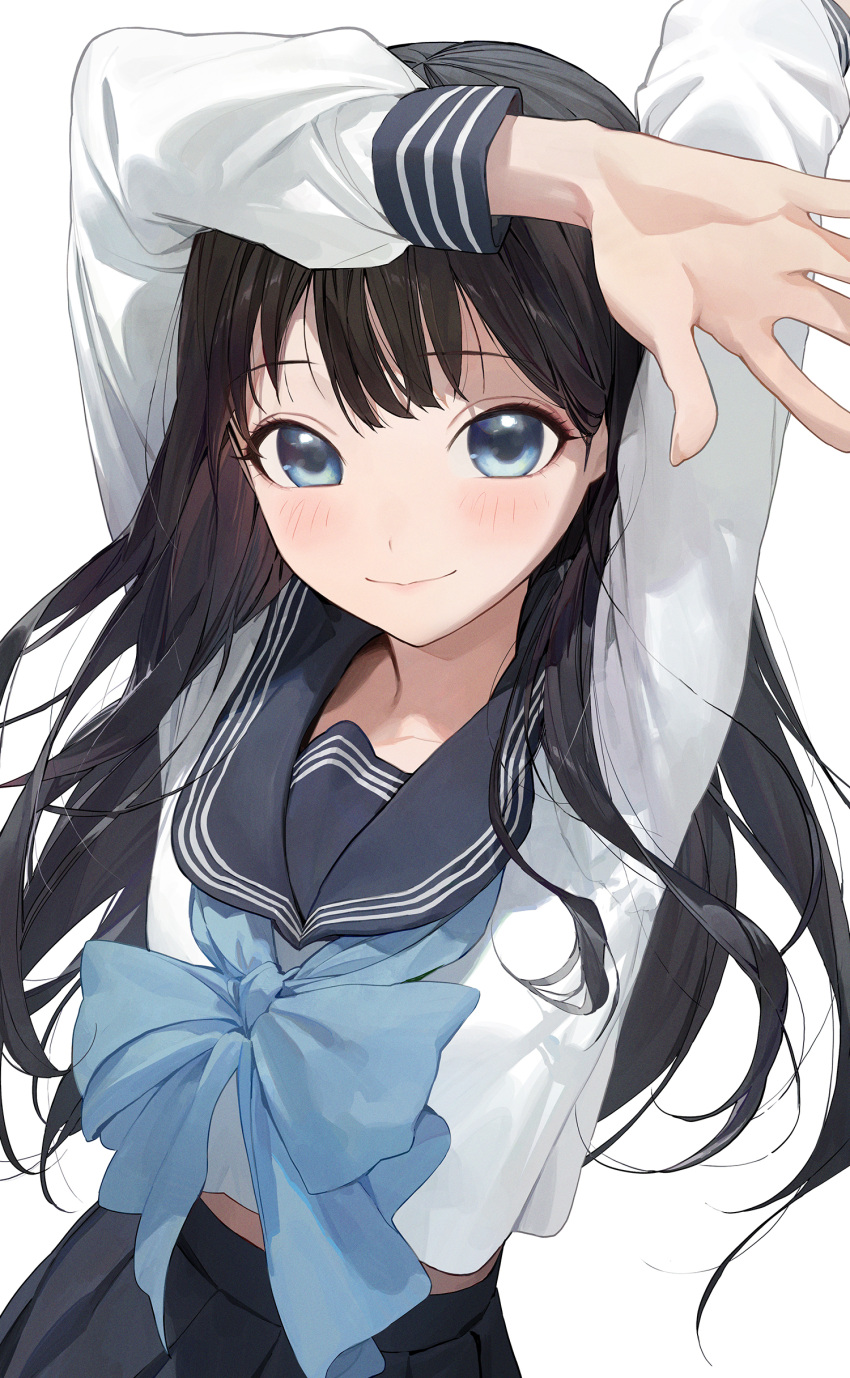 1girl absurdres akebi-chan_no_serafuku akebi_komichi arms_up bangs black_hair blue_bow blue_bowtie blue_eyes blue_sailor_collar blue_skirt blush bow bowtie closed_mouth highres long_hair long_sleeves looking_at_viewer modare roubai_academy_school_uniform_(old) sailor_collar school_uniform serafuku shirt simple_background skirt smile solo upper_body white_background white_shirt