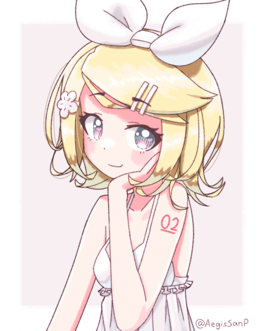 1girl aegissanp artist_name bangs blonde_hair blue_eyes blush_stickers bow dress flipped_hair flower frilled_dress frills hair_bow hair_flower hair_ornament hairclip hand_on_own_cheek hand_on_own_face hand_up head_rest highres kagamine_rin looking_away parted_bangs short_hair sleeveless sleeveless_dress smile solo vocaloid
