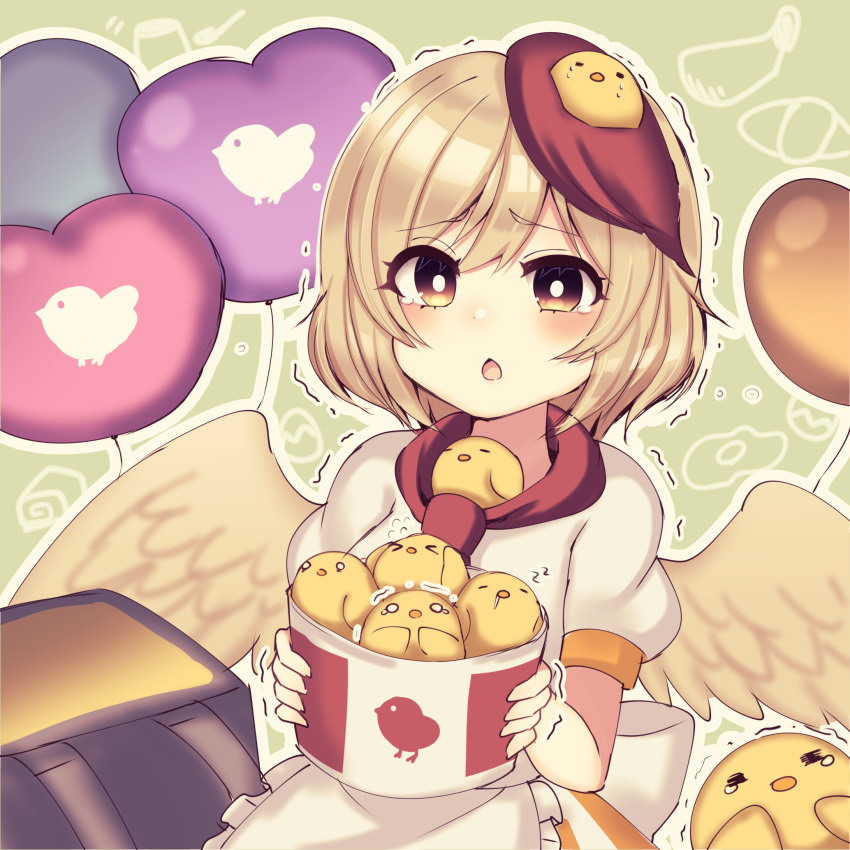 1girl animal_on_head balloon bangs bird bird_on_head bird_wings blonde_hair bright_pupils bucket chick highres holding holding_bucket looking_at_viewer multicolored_hair niwatari_kutaka on_head open_mouth redhead short_hair short_sleeves subaru_(subachoco) touhou two-tone_hair upper_body white_pupils wings yellow_eyes yellow_wings