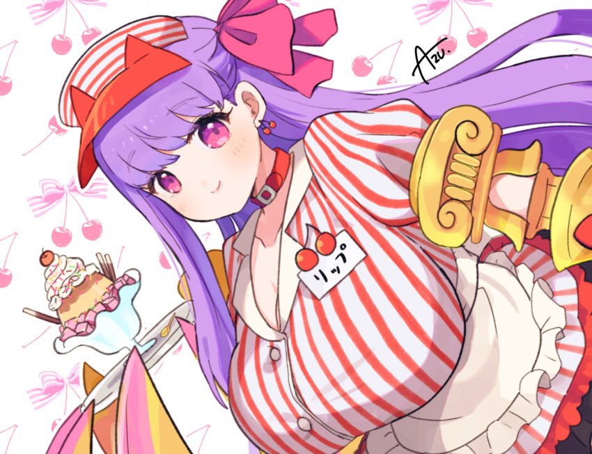 1girl azu_(kirara310) breasts cherry claw_(weapon) cosplay earrings fate/extra fate/extra_ccc fate/grand_order fate_(series) food fruit hair_ribbon huge_breasts jewelry looking_at_viewer name_tag passionlip_(fate) pink_ribbon purple_hair ribbon single_earring smile solo tamamo_(fate) tamamo_cat_(fate) tamamo_cat_(fate)_(cosplay) tamamo_cat_(lostroom_outfit)_(fate) tamamo_cat_(lostroom_outfit)_(fate)_(cosplay) visor_cap waitress weapon
