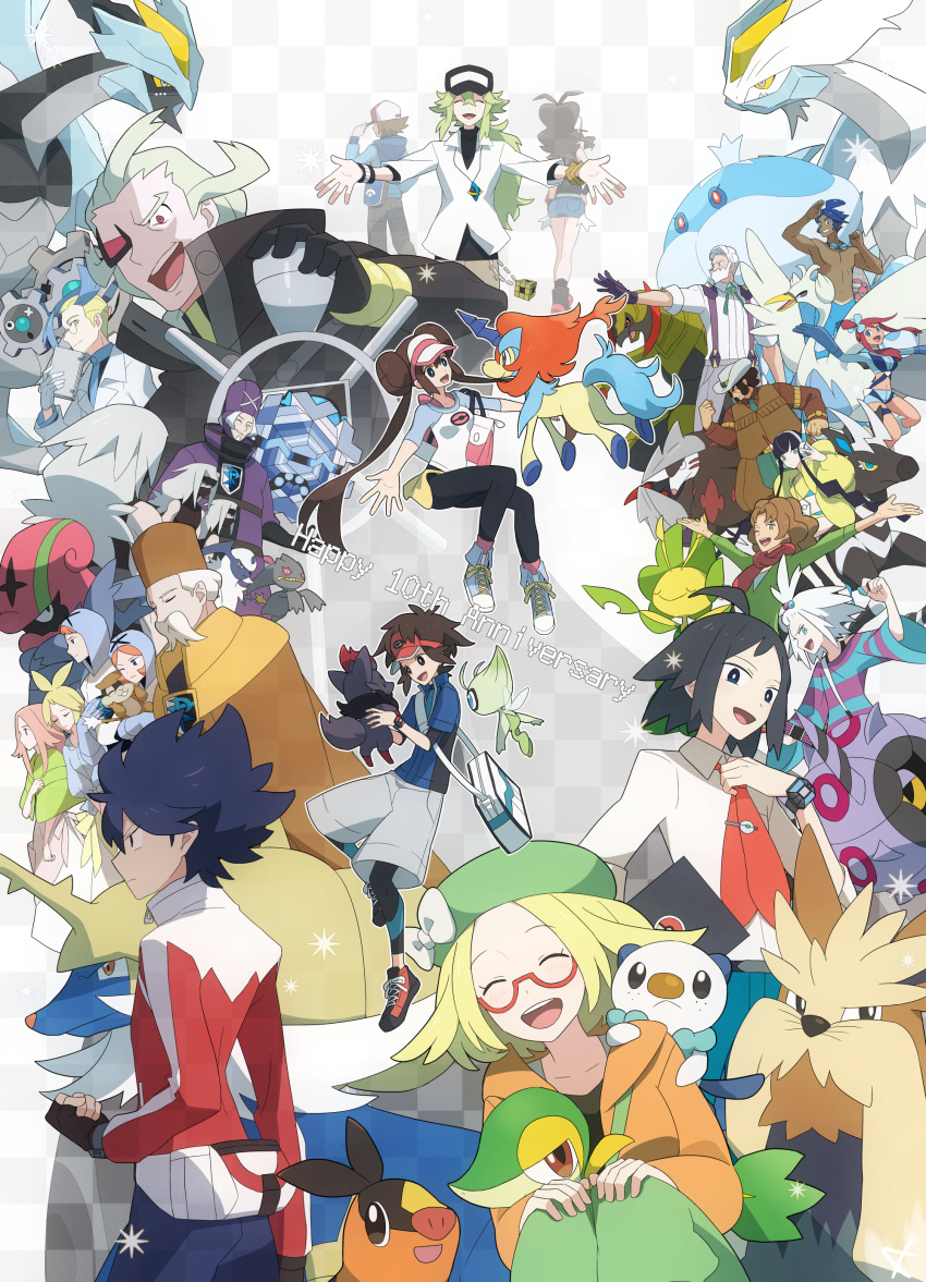 6+boys 6+girls :d absurdres accelgor ahoge anniversary anthea_(pokemon) bag banette beret bianca_(pokemon) black_gloves black_hair black_kyurem blonde_hair bodysuit bodysuit_under_clothes bow bright_pupils brown_hair burgh_(pokemon) celebi cheren_(pokemon) clay_(pokemon) clenched_hand closed_eyes collared_shirt colress_(pokemon) commentary_request concordia_(pokemon) cryogonal drayden_(pokemon) elesa_(pokemon) excadrill eyelashes fanny_pack fingerless_gloves ghetsis_harmonia glasses gloves green_headwear green_pants hat hat_bow highres hilbert_(pokemon) hilda_(pokemon) holding holding_pokemon hood hooded_jacket hugh_(pokemon) jacket jellicent jellicent_(male) kanade keldeo klinklang kyurem leavanny long_sleeves marlon_(pokemon) multiple_boys multiple_girls n_(pokemon) nate_(pokemon) necktie open_mouth orange_jacket oshawott pants patrat pokemon pokemon_(creature) pokemon_(game) pokemon_bw pokemon_bw2 red-framed_eyewear red_headwear red_jacket rosa_(pokemon) roxie_(pokemon) samurott semi-rimless_eyewear shadow_triad shirt shoes short_hair shoulder_bag skyla_(pokemon) smile sneakers snivy stoutland swanna team_plasma team_plasma_grunt teeth tepig tongue upper_teeth visor_cap whirlipede white_bag white_bow white_kyurem white_pupils white_shirt zebstrika zinzolin_(pokemon) zorua