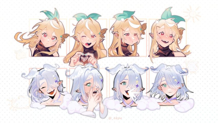 2girls aqua_nails bangs blonde_hair blue_eyes blue_nails blush bob_cut brown_eyes butterfly_hair_ornament dragon_girl dragon_tail elira_pendora embarrassed expressions fairy fairy_wings fang fur_trim green_ribbon grey_kimono hair_ornament hair_over_one_eye hair_ribbon halter_top halterneck head_wings heart heart_hands highres japanese_clothes kimono laughing long_hair looking_at_viewer looking_to_the_side multicolored_eyes multiple_girls multiple_views nail_polish nijisanji nijisanji_en nkpa official_alternate_costume one_eye_covered patterned_background pointy_ears pomu_rainpuff pout red_eyes ribbon short_hair skin_fang tail tongue tongue_out twitter_username virtual_youtuber white_background wings x_hair_ornament