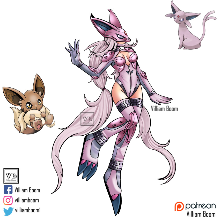 1girl :3 artist_name claws digimon eevee english_commentary full_body grey_eyes highres leotard long_hair mask parody pink_hair pink_legwear pink_leotard pokemon reference_inset solo style_parody tail thigh-highs very_long_hair villiamboom1 white_background yellow_eyes