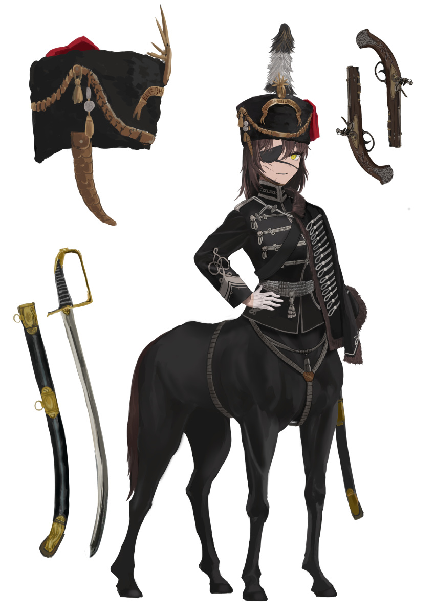 1girl absurdres animal_ears bangs black_cape black_headwear black_jacket breasts brown_hair cape centaur commentary_request eyepatch full_body fur-trimmed_cape fur_trim gun hair_between_eyes hand_on_hip hat hat_feather highres horse_tail jacket long_hair long_sleeves looking_at_viewer medium_breasts military military_hat military_jacket monster_girl multiple_legs original parted_lips sheath sidelocks simple_background solo standing sword tail taur unsheathed weapon white_background yellow_eyes zhayoulu