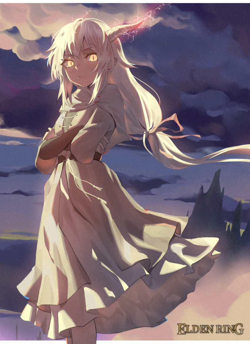 1girl ancient_dragon_lansseax bangs capelet closed_mouth clouds cloudy_sky crossed_arms dragon_girl dragon_horns dress elden_ring eyelashes feet_out_of_frame hair_between_eyes highres horns long_hair looking_at_viewer low-tied_long_hair mr-shin outdoors personification sky slit_pupils solo standing white_dress white_hair yellow_eyes