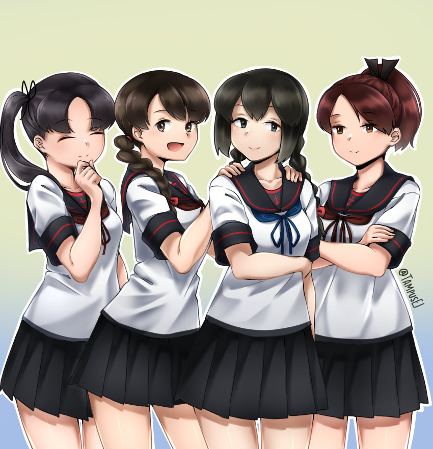 4girls ayanami_(kancolle) ayanami_kai_ni_(kancolle) black_eyes black_hair black_sailor_collar black_skirt blue_neckerchief braid brown_eyes brown_hair brown_neckerchief english_commentary hair_between_eyes hair_over_shoulder highres isonami_(kancolle) isonami_kai_ni_(kancolle) kantai_collection kazaharu_matsuhata long_hair multiple_girls neckerchief pleated_skirt sailor_collar school_uniform serafuku shikinami_(kancolle) shikinami_kai_ni_(kancolle) short_hair side_ponytail sidelocks single_braid skirt standing twin_braids uranami_(kancolle) uranami_kai_ni_(kancolle)