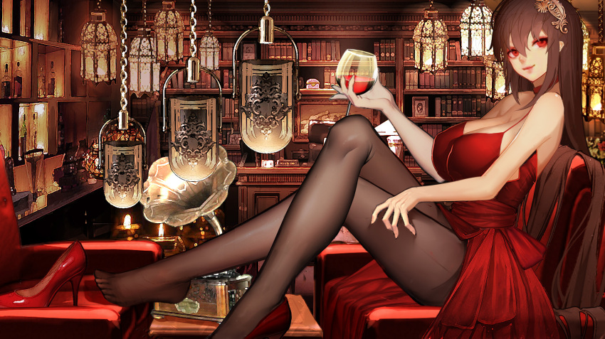 1girl azur_lane black_hair book bookshelf chair cocktail_dress crossed_legs cup dress drinking_glass easy_chair gudadan hair_ornament hanging_light high_heels highres indoors long_hair office official_alternate_costume phonograph red_dress red_eyes sash shoe_removed shoes single_shoe taihou_(azur_lane) taihou_(forbidden_feast)_(azur_lane) thigh-highs thighs wine_glass