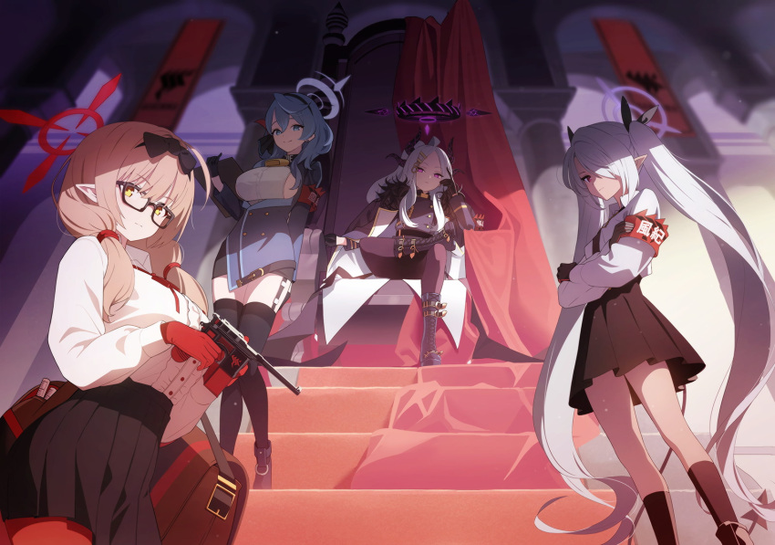 4girls ako_(blue_archive) armband blue_archive boots chinatsu_(blue_archive) crossed_arms demon_horns garter_straps glasses gun halo handgun highres hina_(blue_archive) horns iori_(blue_archive) long_hair mauser_c96 multiple_girls official_art one_eye_covered pleated_skirt pointy_ears school_uniform skirt socks thigh-highs throne throne_room very_long_hair weapon