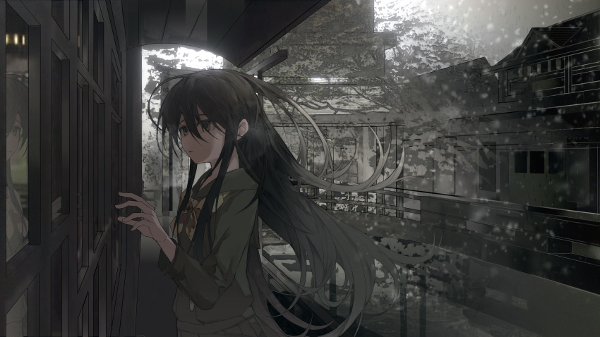 1girl absurdres architecture black_hair black_skirt bridge building commentary cowboy_shot duunn east_asian_architecture from_side grey_eyes grey_jacket hand_up highres jacket long_hair long_sleeves neckerchief outdoors parted_lips reaching reflection shakugan_no_shana shana skirt snowing solo standing water yellow_neckerchief