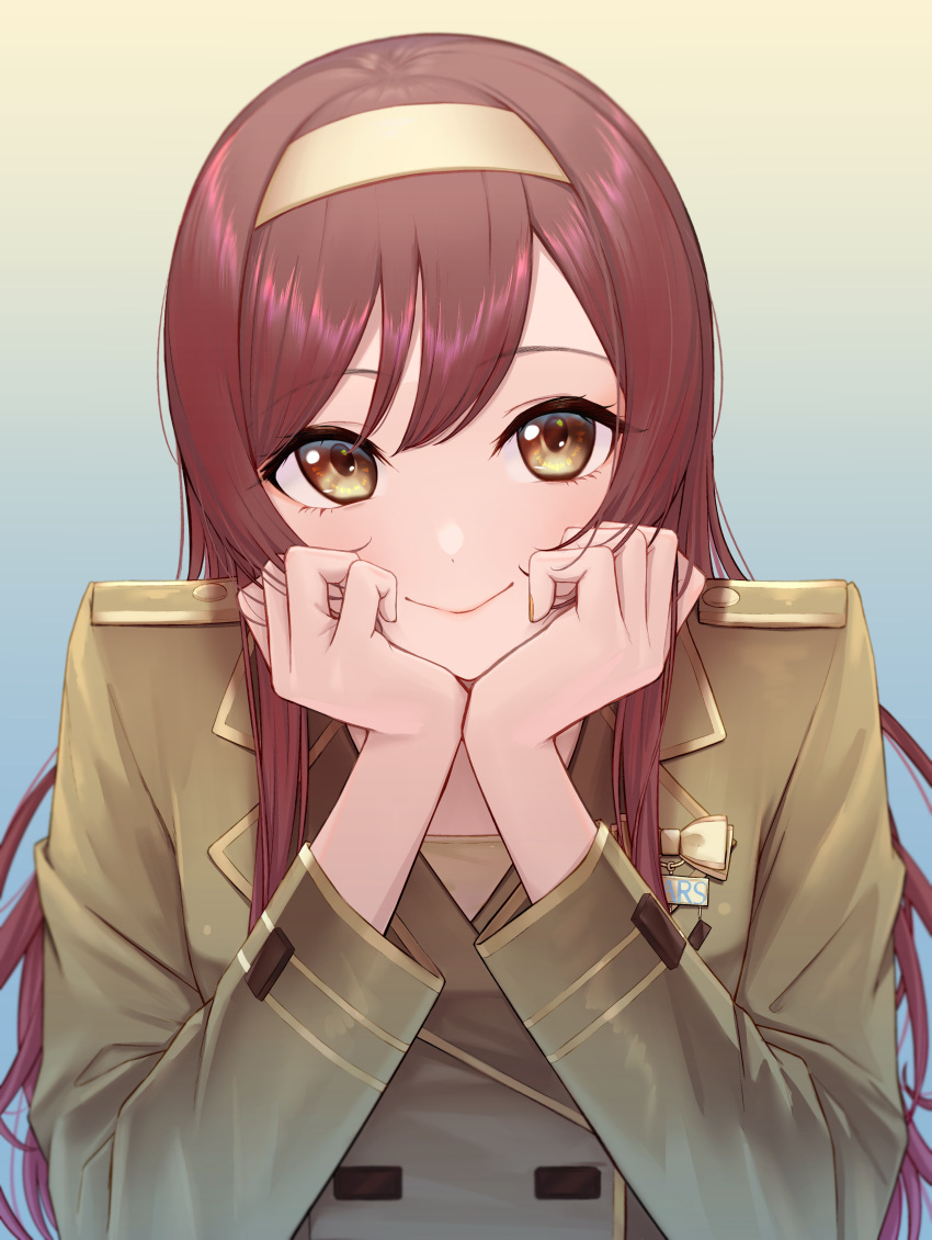 1girl absurdres bangs brown_hair brown_jacket closed_mouth gradient gradient_background hairband head_rest highres idolmaster idolmaster_shiny_colors jacket lips long_hair long_sleeves looking_at_viewer osaki_amana sjuno smile solo upper_body yellow_eyes