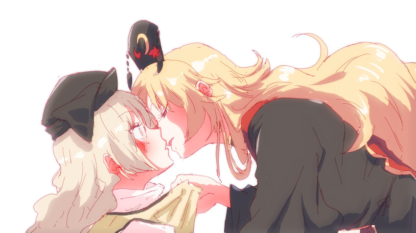 2girls absurdres bangs black_dress black_headwear blonde_hair blush cape chinese_clothes crescent dress eyes_visible_through_hair grabbing hair_between_eyes hand_up hat highres junko_(touhou) long_hair long_sleeves looking_at_another matara_okina multiple_girls non_(z-art) open_mouth orange_hair phoenix_crown pom_pom_(clothes) red_eyes shirt simple_background smile star_(symbol) star_print sweat sweatdrop tabard touhou upper_body white_background white_shirt wide_sleeves yellow_cape yellow_eyes yuri