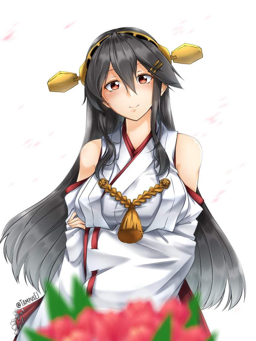 1girl black_hair blurry blurry_foreground breasts brown_eyes detached_sleeves frilled_skirt frills hair_ornament hairband hairclip haruna_(kancolle) headgear highres japanese_clothes kantai_collection kazaharu_matsuhata large_breasts long_hair nontraditional_miko red_skirt ribbon-trimmed_sleeves ribbon_trim sidelocks skirt smile solo