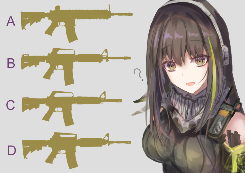 1girl ? absurdres bandana bangs bare_shoulders brown_eyes brown_hair girls_frontline green_hair grey_background gun headset highres long_hair m4a1_(girls'_frontline) martinreaction multicolored_hair open_mouth quiz ribbed_sweater rifle simple_background sleeveless sleeveless_sweater solo streaked_hair sweater two-tone_hair weapon
