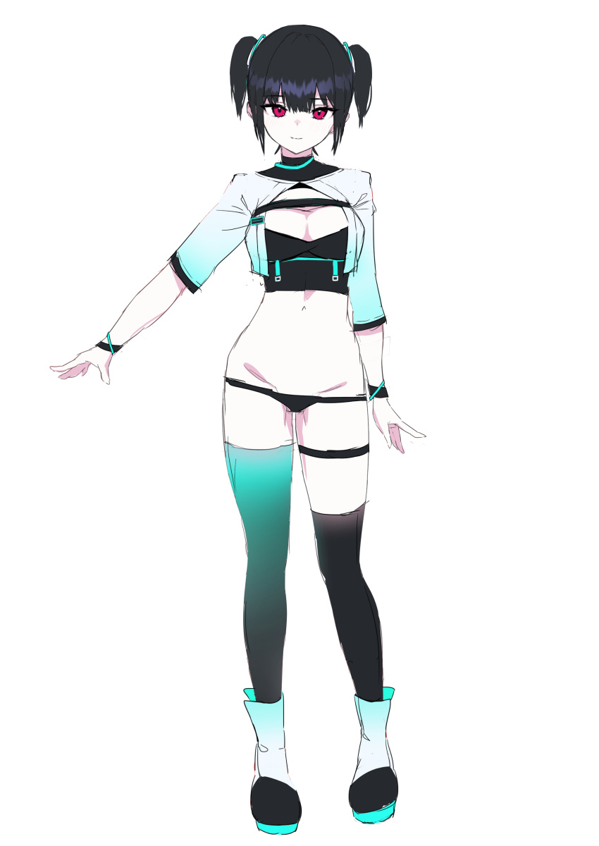 1girl absurdres asymmetrical_legwear black_hair black_legwear bracelet closed_mouth gradient gradient_clothes gradient_legwear highres jewelry mismatched_legwear navel original pomesaurus red_eyes short_hair simple_background sketch smile solo standing thigh_strap turtleneck twintails white_background