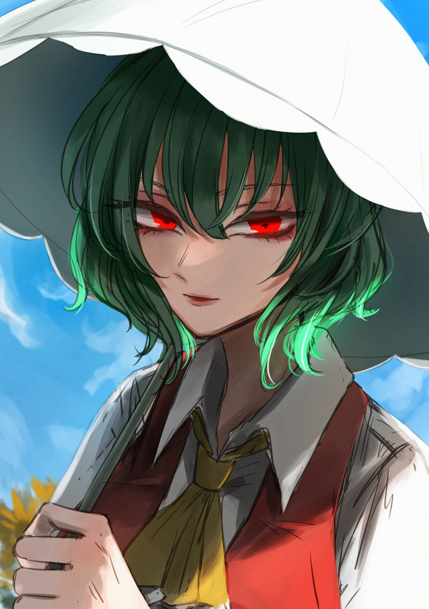 1girl absurdres ascot bangs blue_sky closed_mouth clouds cloudy_sky collared_shirt eyes_visible_through_hair flower green_hair grey_shirt hair_between_eyes hand_up highres holding holding_umbrella kazami_yuuka leaf looking_at_viewer mamiru_(42105269) one-hour_drawing_challenge plaid plaid_vest puffy_short_sleeves puffy_sleeves red_eyes red_vest shirt short_hair short_sleeves sky smile solo sunflower touhou umbrella upper_body vest yellow_ascot