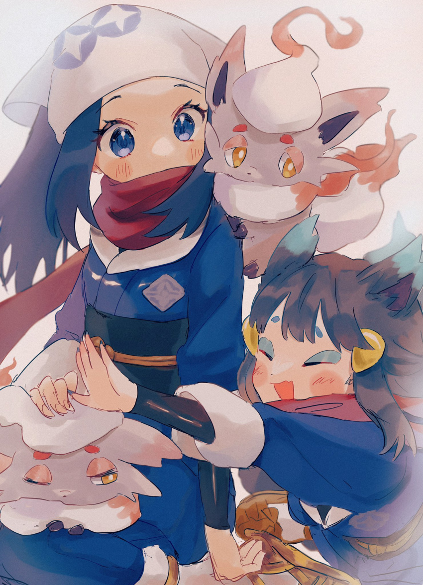 2girls akari_(pokemon) black_hair black_sash black_shirt blue_eyes blue_jacket blush blush_stickers brown_footwear commentary_request eyelashes head_scarf highres hisuian_zorua illusion_(pokemon) jacket loose_socks mcmcusg multiple_girls on_lap pokemon pokemon_(creature) pokemon_(game) pokemon_legends:_arceus pokemon_on_lap ponytail red_scarf sash scarf shirt shoes sidelocks skirt white_background white_headwear white_legwear