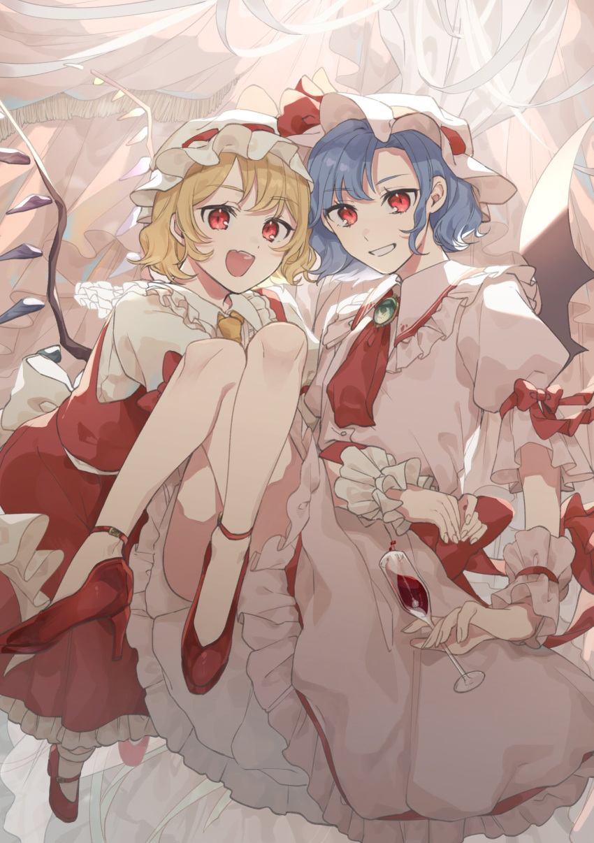 2girls :d ascot bangs bat_wings blonde_hair blue_hair blush bow brooch collar crossed_legs crystal cup drinking_glass english_commentary fang fingernails flandre_scarlet frilled_collar frills grin hat hat_ribbon high_heels highres jewelry knees laspberry. looking_at_viewer mob_cap multiple_girls open_mouth puffy_short_sleeves puffy_sleeves red_ascot red_bow red_eyes red_footwear red_ribbon red_skirt red_vest remilia_scarlet ribbon short_hair short_sleeves siblings sisters skin_fang skirt smile touhou vest white_headwear wine_glass wings wrist_cuffs yellow_ascot