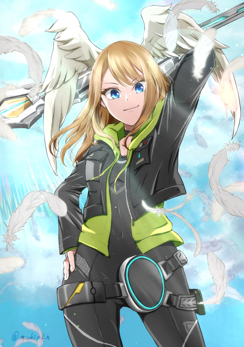 1girl black_bodysuit bodysuit eunie_(xenoblade) feathers grave609crois green_hoodie head_wings highres hood hoodie jacket latex latex_bodysuit leather leather_jacket solo white_wings wings xenoblade_chronicles_(series) xenoblade_chronicles_3